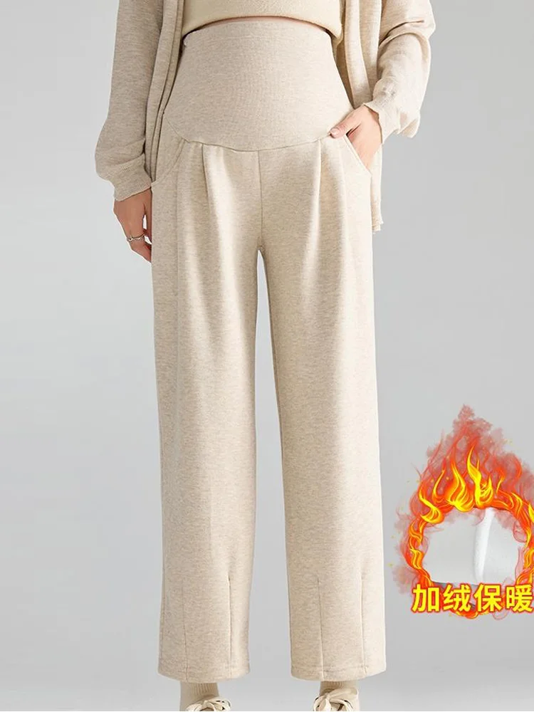 جديد النساء الحوامل البطن واسعة الساق السراويل الشتاء سميكة الدفء مستقيم ملابس أمومة الراحة سراويل تقليدية 4 ألوان