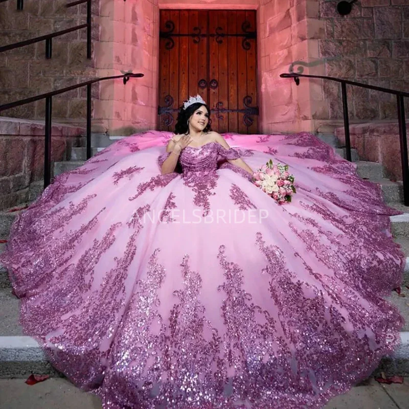 ANGELSBRIDEP Vestido De quinceañera Rosa Mexicana, Vestido De baile con apliques De lentejuelas brillantes, dulce 16, Vestido De princesa De 15 años