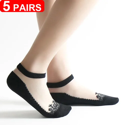 Imagen 2 del producto Calcetines invisibles de encaje para mujer, medias cortas de seda de cristal fino, No se ven, de punto, de verano, 5 pares