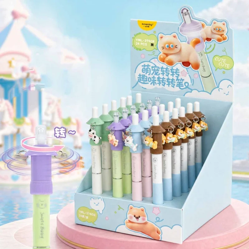 24pcs/lot Creative Cat Dog Rotatable Gel Pen Cute 0.5mm Black Ink Signature Pens Promotional Gift Office School Supplies