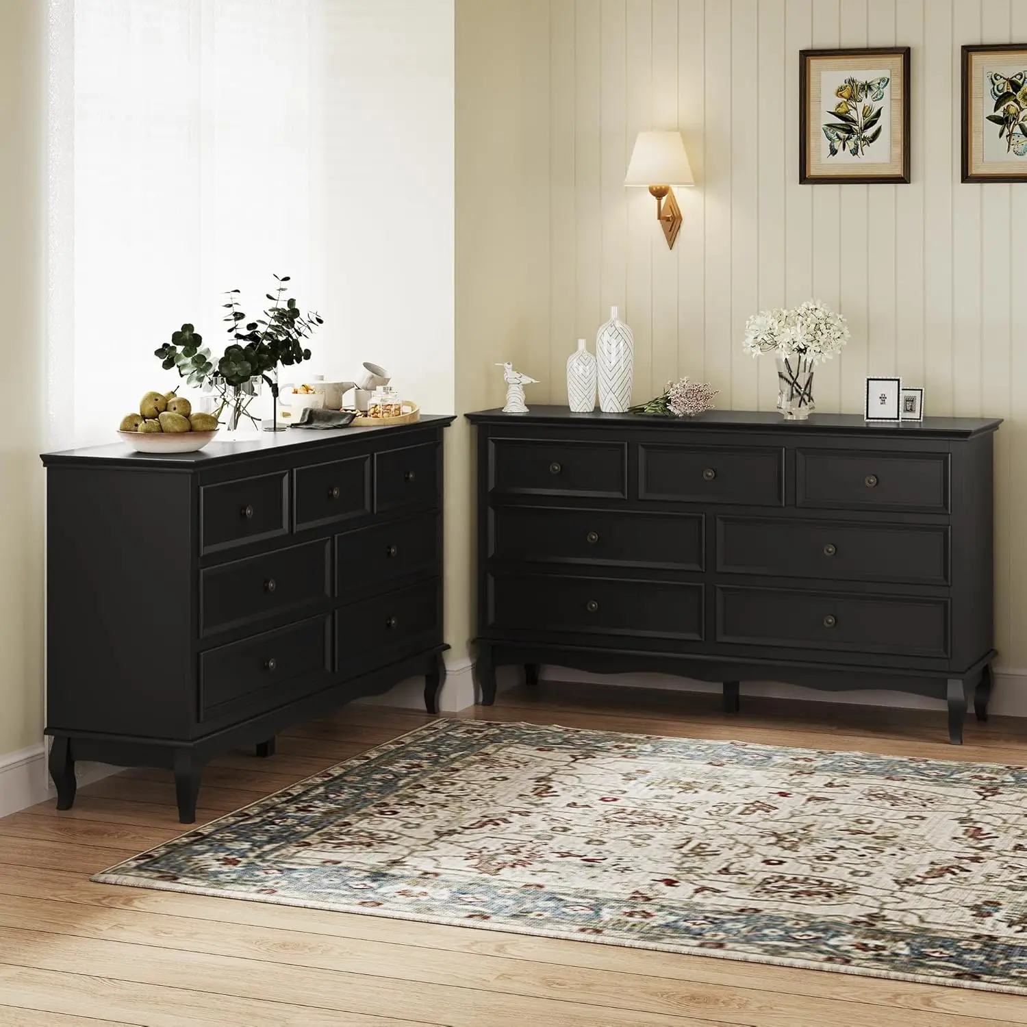 

Dresser for Bedroom Set of 2, 7 Drawers Dresser with Distinctive Wooden Legs & Black Paint Finish, Black Drawer Dresser