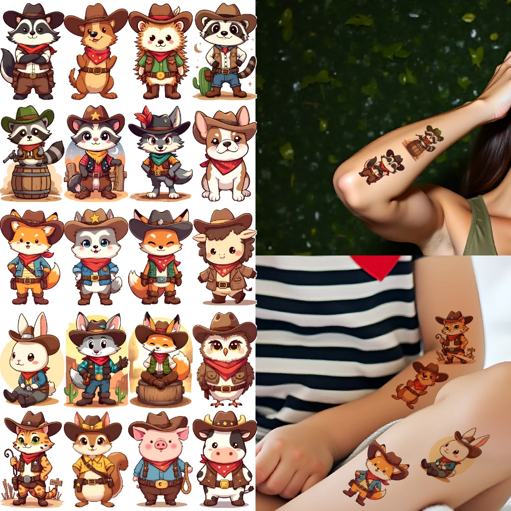 

63pcs Temporary Tattoo Cowboy Animals Waterproof Long-lasting Body Stickers Cartoon Animals Cartoon For Women Children Cheeks