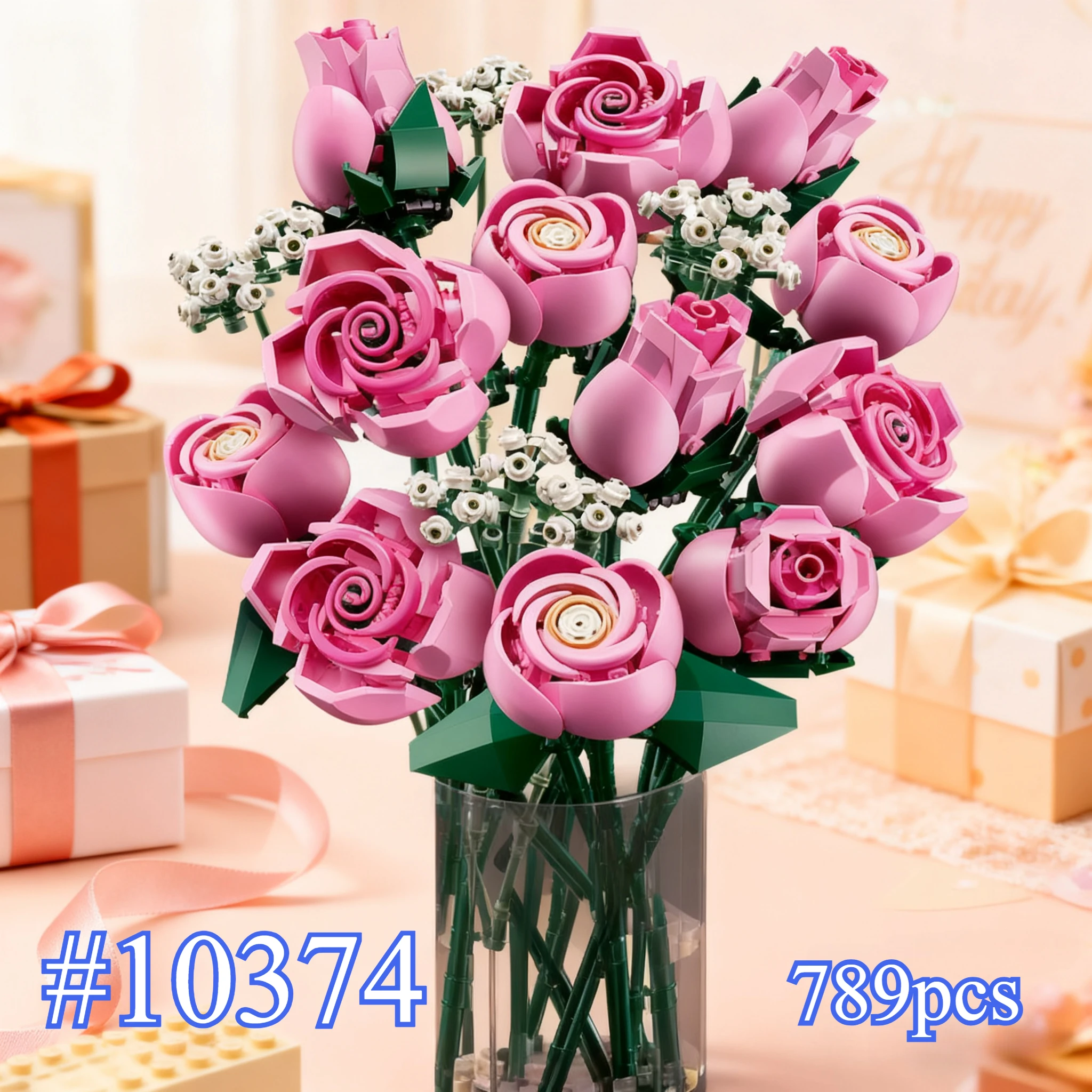 MINISO Romantisches rosa Rosenmodell 10374, Bausteine-Sets, geeignet für Weihnachtsgeschenke, kompatibel mit Legoed Particles, 789 Stück.