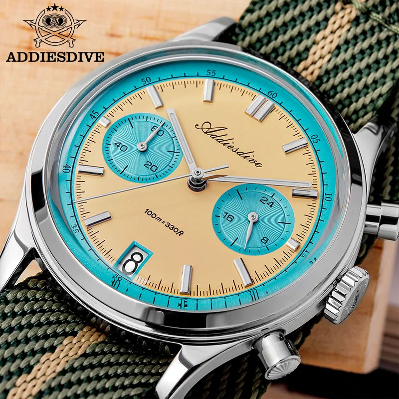 ADDIESDIVE Men Watch Luxury VK64 Quartz Watch Chronograph 38mm Dome Glass 316L Stainless Steel 100m Waterproof Luminous AD2095