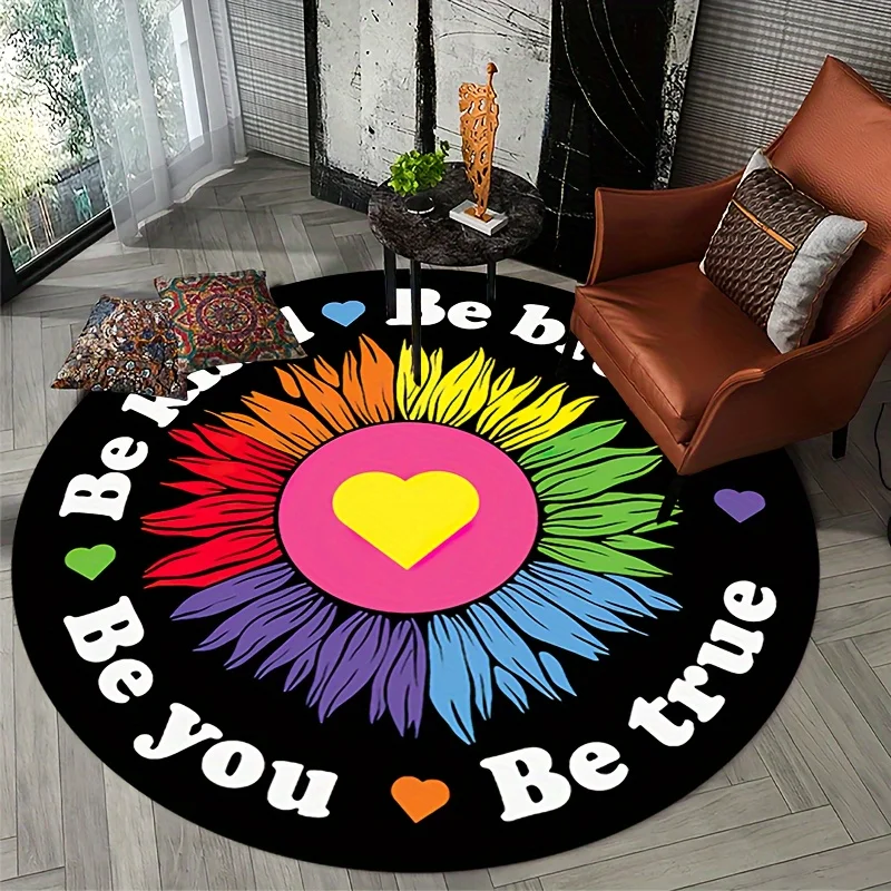 

Non-Slip Polyester Inspirational Area Rug - Round Rainbow Flower "Be Kind, Be Brave, Be You, Be True" Motivational Design Carpet