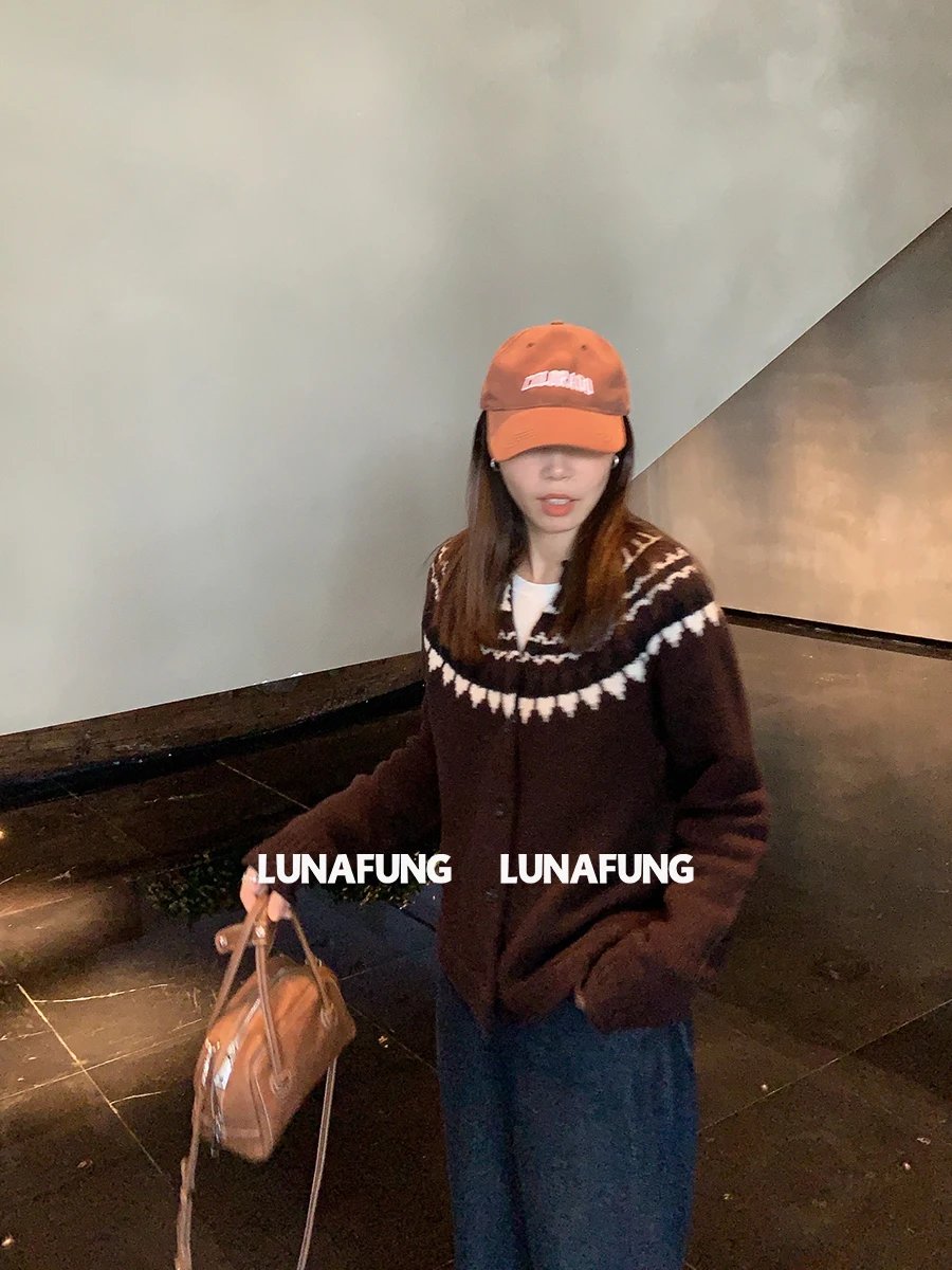 

LUNUNG Brown Fair Isle Knitted Wool Sweater Women's Loose round Ne Open Cardigan Soft Fce Long Sve Daily Wear