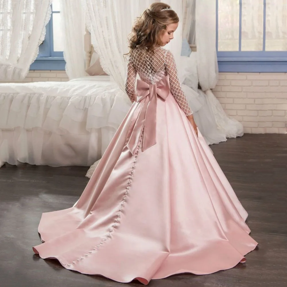 Flower Girl Dresses Pink Satin With Bow Sequin Long Sleeve For Wedding Birthday Party Prom Pageant Banquet Princess Gowns