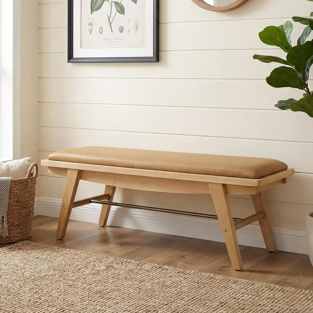Leather-Cushioned 43.5 Entryway Shoe Bench for Hallway, Living Room, Bedroom, or End of Bed in Brown