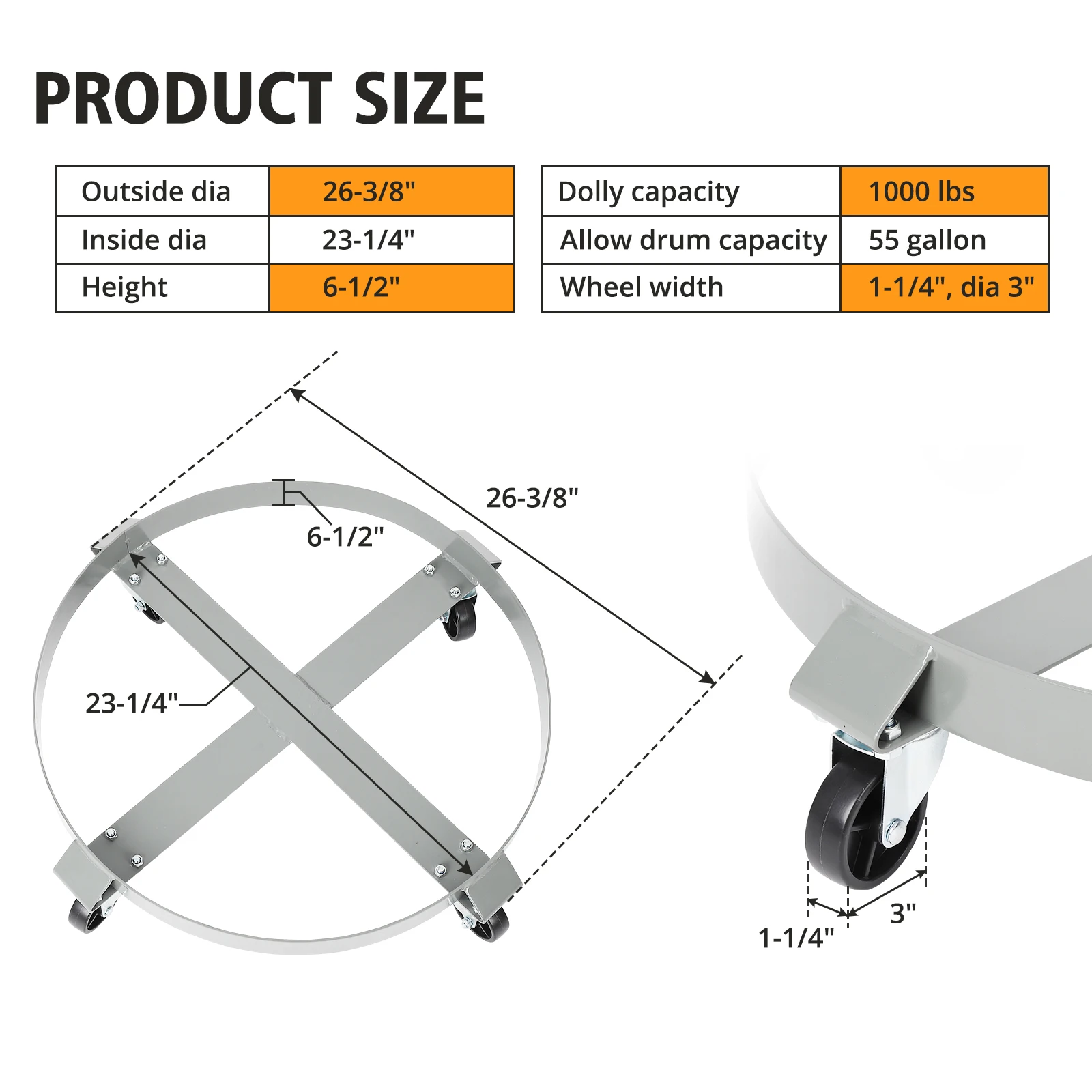 55 Gallon Drum Dolly - Set of 2, 4 Wheels, 1000lbs Load Capacity, 67cm Outer Ring, 3