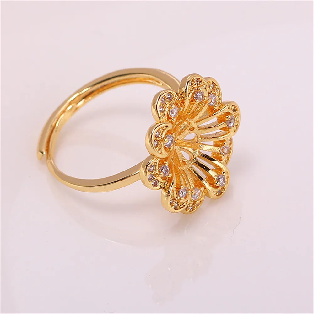 DIY Jewelry Accessories, Flower Shaped Zircon Copper Plated with 18K Gold, Pearl, Jade, Agate Ring, Air Holding Atmosphere