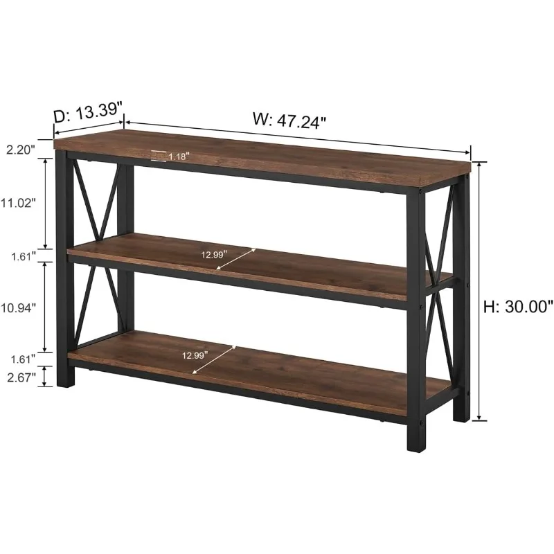 Console Table Behind Couch, Industrial Entryway Table with Shelves, 3 Tier Sofa Table for Living Room (47 Inch, Rustic Oak)