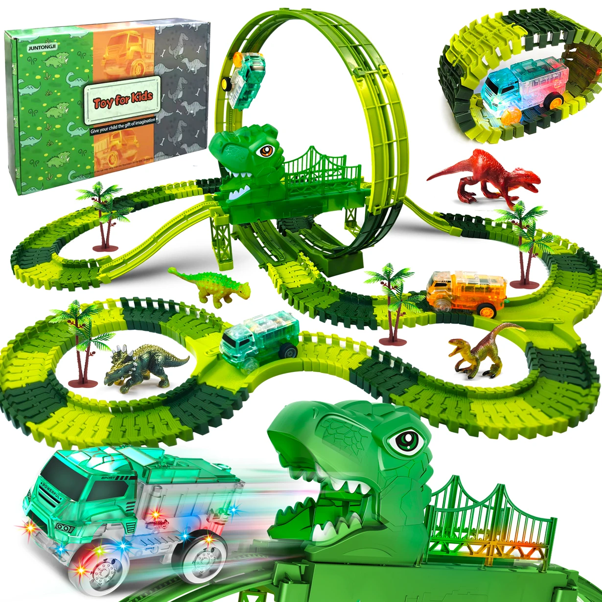 Dinosaur World Road Race Track - Faixa de trem flexível que brilha no escuro com brinquedos de dinossauro, carro, festa de aniversário, presente