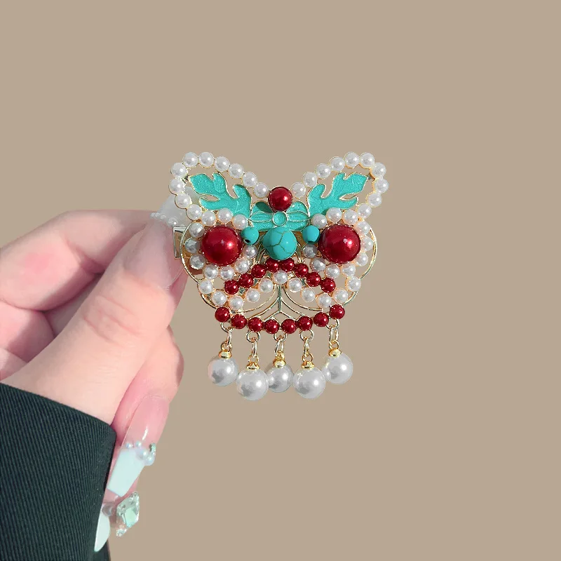 Neue Chinesische Stil Lion Dance Imitation Perle Haar ClipWomen's Cheongsam Hanfu Haar Zubehör Exquisite Quasten Pony Seite Clips