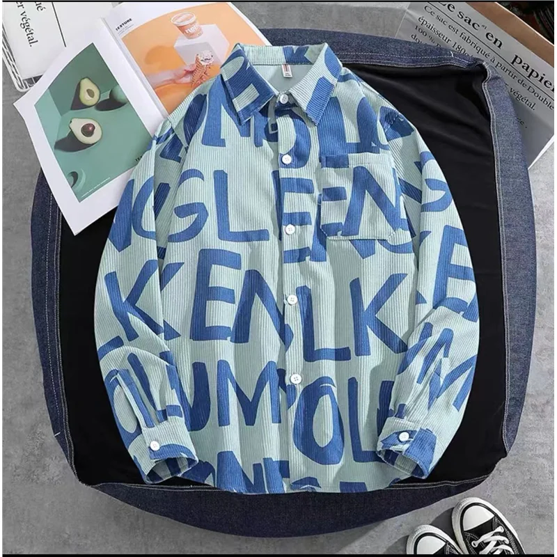 

Autumn Large Size 300 Pou Japanese Sle Retro Corduroy Men's irt Loose Sve Long Sve Hong Kong Sle Casual Jaet