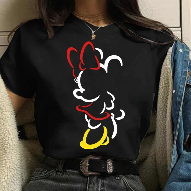 New Minnie Mouse T-shirt Kawaii Disney Parent Child T-shirt Fun Top Fashion Women\'s Black Street Clothing Short Sleeved Clothes