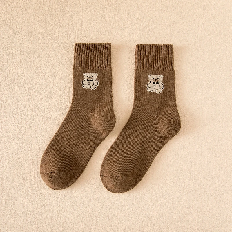 1 Pair of Winter Solid Color Thick Warm Women\'s Socks Cute Animal Bear Harajuku Socks High Quality Hot Selling Mid-Tube Gift Sox