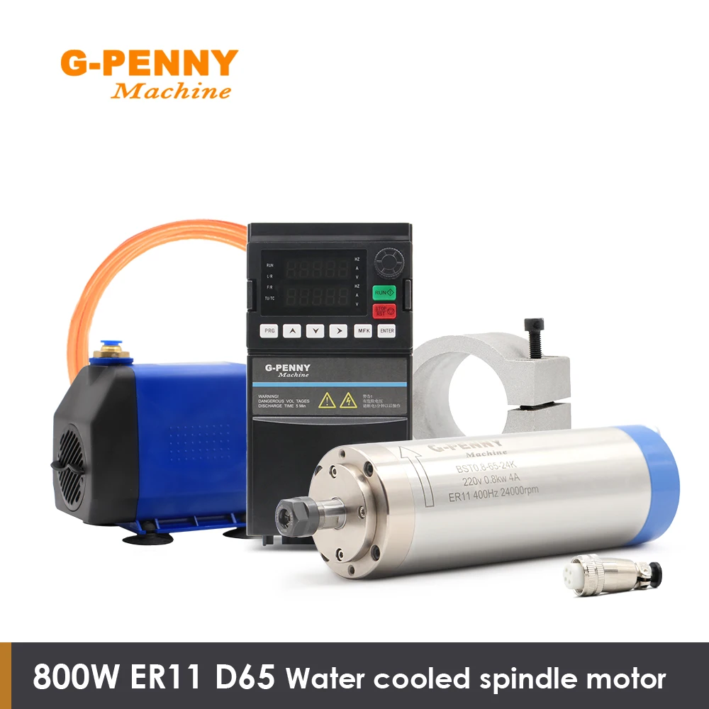 G-Penny 0.8KW ER11 Water Cooled Spindle Kit 800W Water Cooled Spindle and 1.5KW Inverter and 75W Water Pump and 65mm Bracket