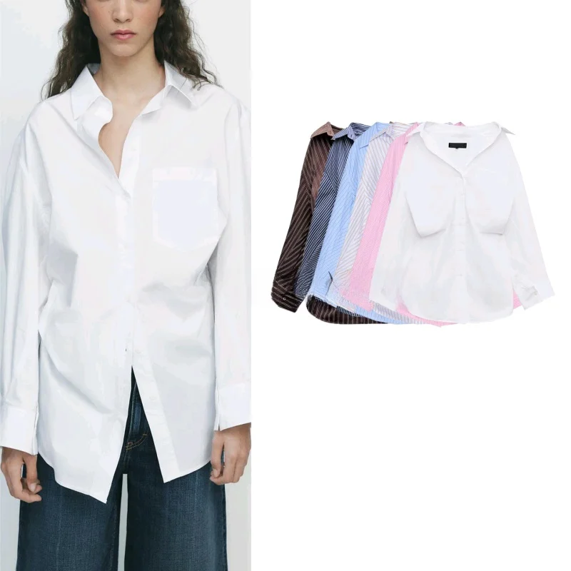 

Новая летняя женская полосатая свободная шелковая рубашка с длинным рукавом, однотонная, на пуговицах, из полиэстера, для повседневной носки