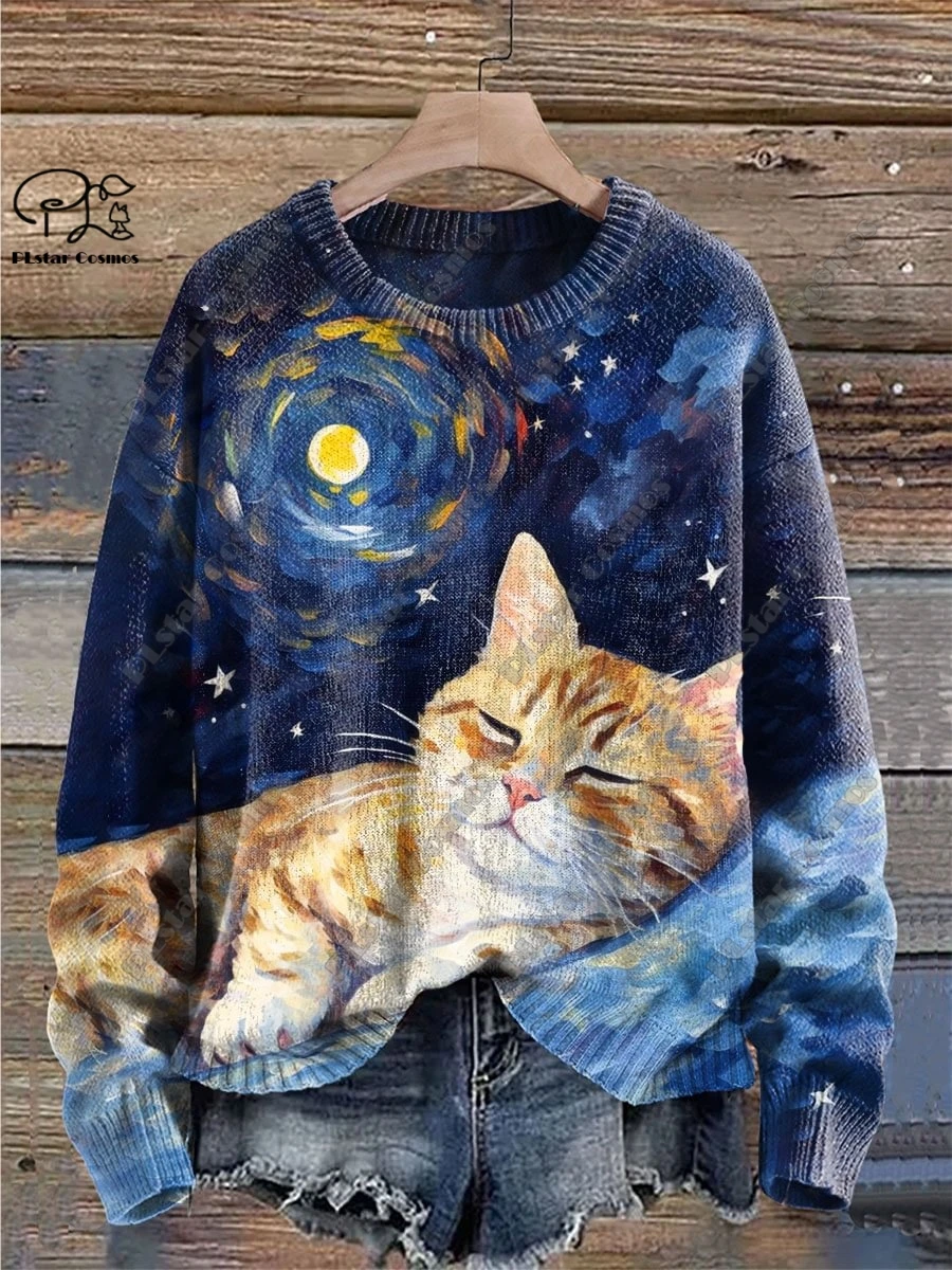 PLstar Cosmos new 3D printed animal series cute funny cat pattern ugly sweater winter street casual unisex M-9