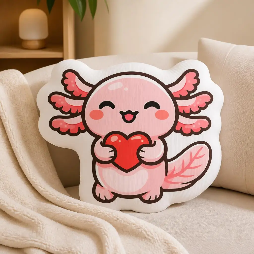 Cute Axolotl Holding Heart Throw Pillow Kawaii Salamander Cushion Stuffed Decorative Pillow Valentine Gift Home Decor Sofa