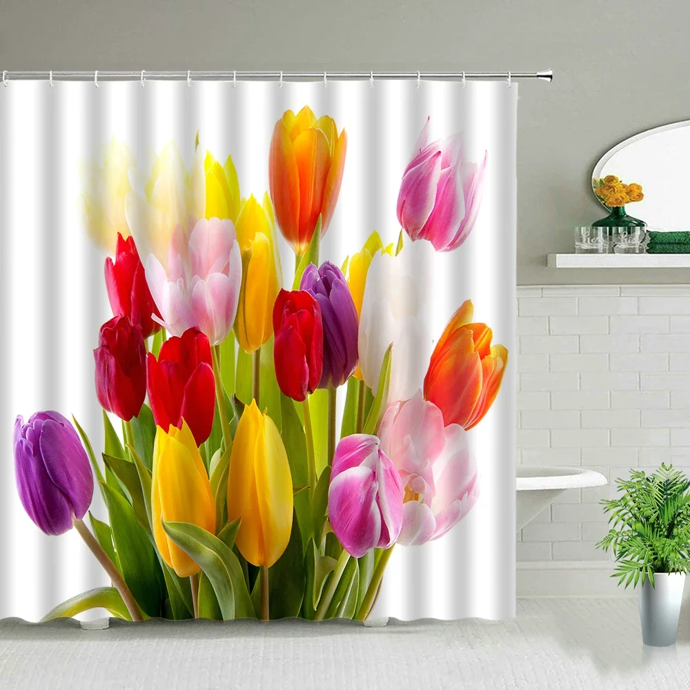 Tulip Pink Flower Shower Curtains Beautiful Flowers Plant Waterproof Cloth Curtain Set Bathroom Home Decor Bath Screens Washable