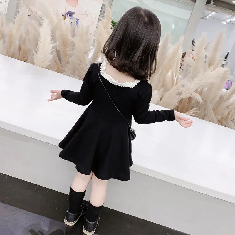 Kids Girls Autumn Dress 2024 New Arrival Children Casual Daily Dress Baby Girls Princess Cute Black Dress Korean Style