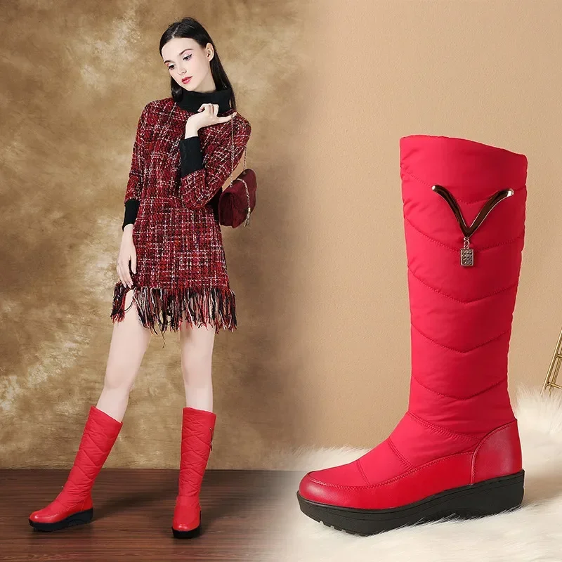 Big Size Quality Winter Women Snow Boots Fur Down Red Blue Casual Outdoor Platform Wedge Heels Metal Crystal Lady Mid-calf Boots