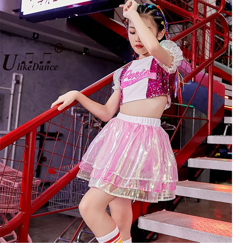 Ulikedance Girl Jazz Dance Costumes Children Fashion Pink Cheerleader Sequins Suit Model Catwalk Stage Costumes Hip Hop Clothing