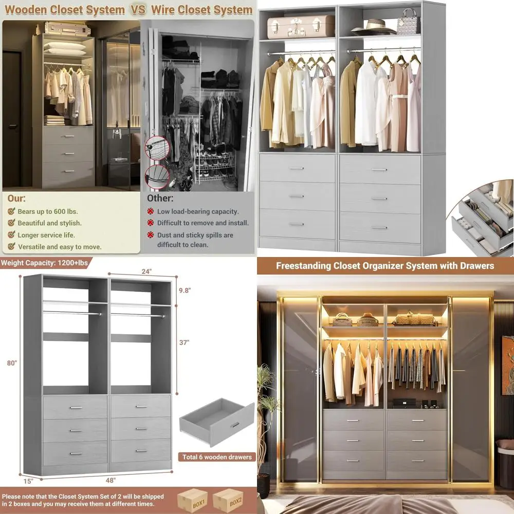 

48 Серая сверхмощная система гардероба с 2 стержнями, 2 полками и 6 ящиками