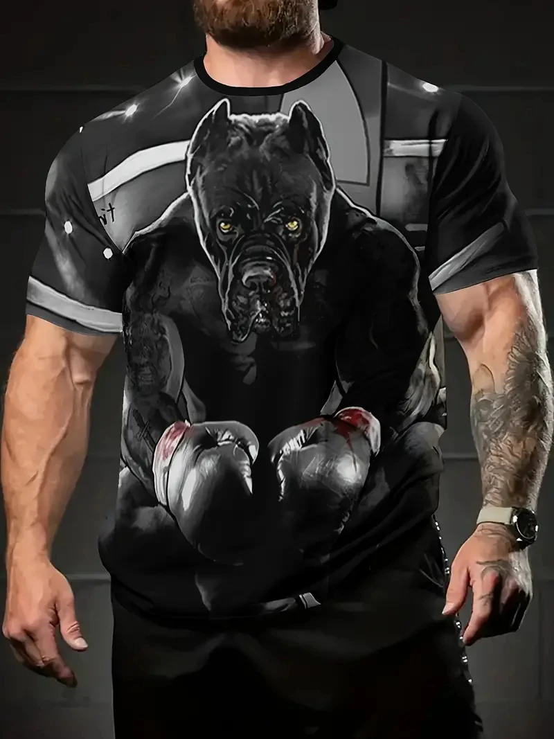 Funny 3D Fighting Dog Print T Shirt For Men Fashion Trend Street Men's Clothes Casual O-neck Short Sleeve Tops Summer Loose Tees