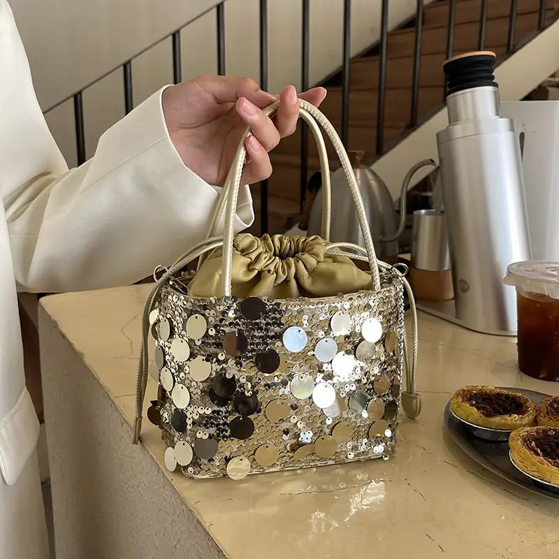 Leisure Commuting Sequins Versatile Chain Drawstring Handheld Shoulder Bag with Water Bucket for Women