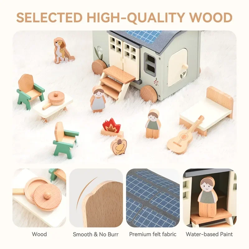 for Children Educational Camping RV Toy Set Wooden Playhouse Table and Chair Ornament Pretend Play Vehicle Model Gift