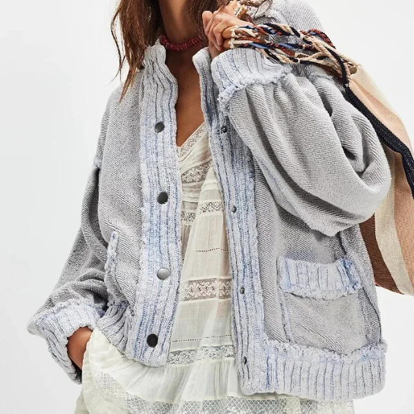 

Solid Ribbed Crew Neck Woven Jacket Single Breasted Metal Button Oversized Cropped Vintage Casual Cardigan Outerwear 260602