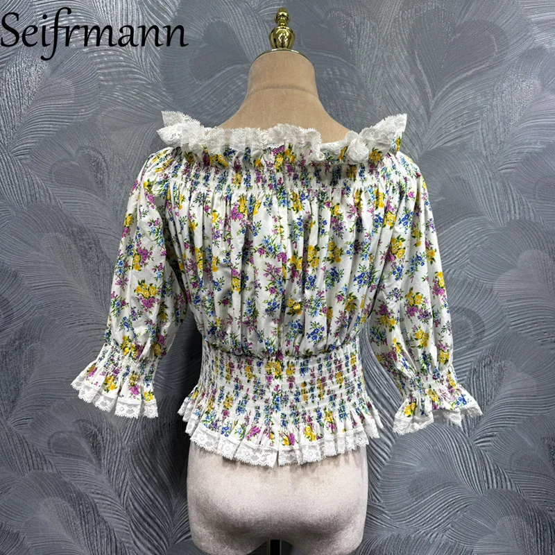 Seifrmann 2026 Summer Women's clothing New Fashionable boat neck Seven Sleeve Cotton Printed Spliced Lace Top