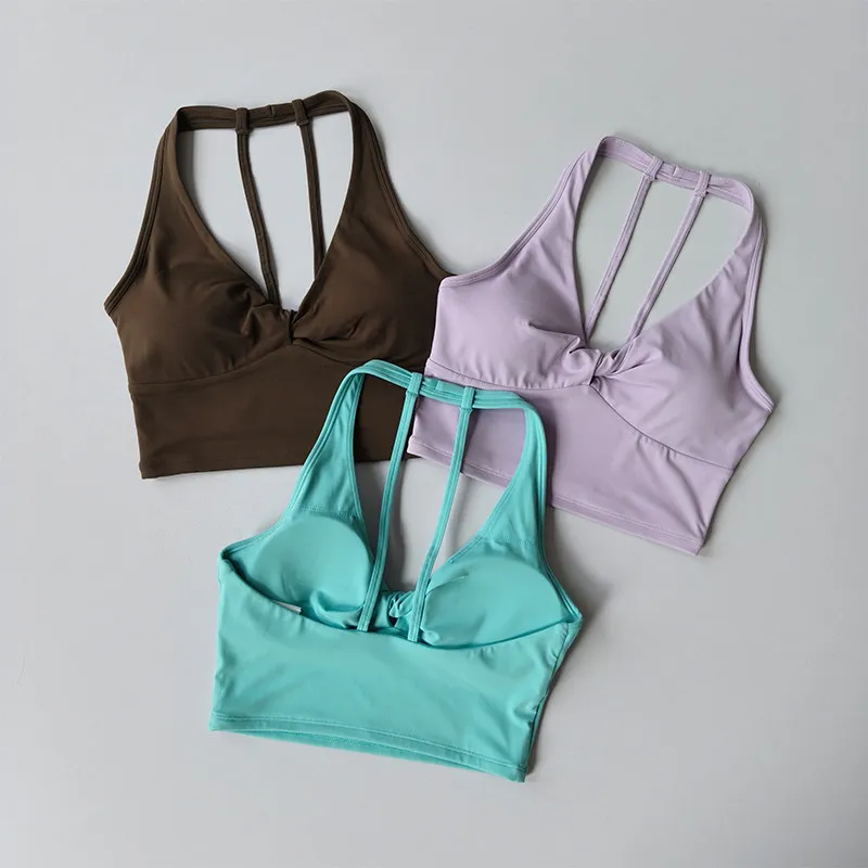 Knotted Shockproof Sports Bra Fixed Cup Thin Straps Beautiful Back Yoga Clothing Vest Running Vest Fitness Clothing Bra Women