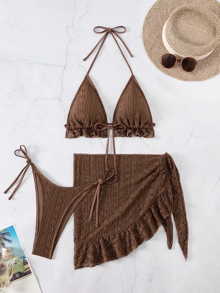 

НОВИНКА: Комплект бикини из 3 предметов без спинки, сетчатый, на шнуровке, однотонный, для женщин, раздельный купальник для пляжного отдыха Vzvn