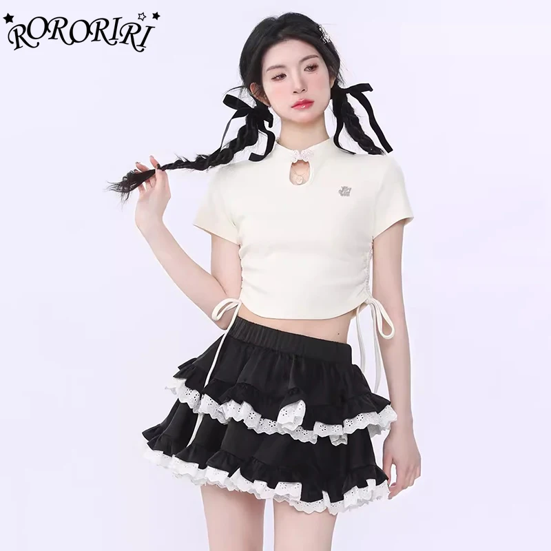 

RORORIRI Lolita Women Lace Trim Patchwork Cake Skirt Layered Ruffle Contrast Elastic Waist Mini Skirt Goth Girl Vintage Clothing