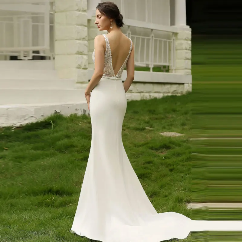 Simple เซ็กซี่ Mermaid V คอชุดแต่งงานสำหรับสตรี Backless Vestido De Novia Court Train ชุดเจ้าสาว2023