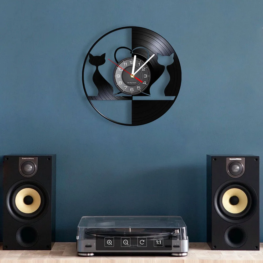 Cats Couple Modern Wall Clock Black Cats Silhouette Wall Decor Kittens Vinyl Record Wall Clock Housewarming Gift For Cat Lover