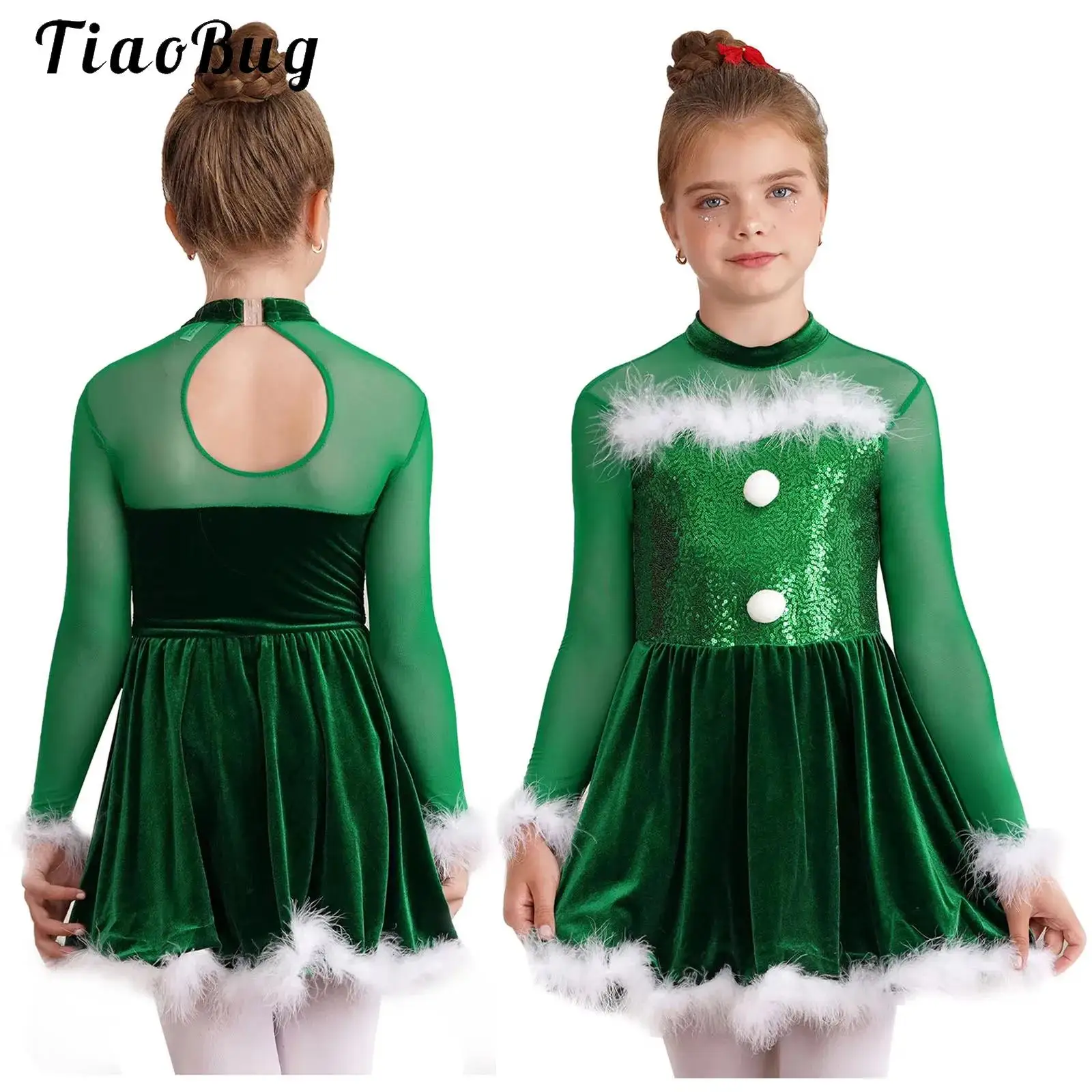 

Girls Christmas Figure Ice Skating Dance Dress Velvet Sequins Long Sleeve Leotard Tutu Dancewear Miss Santa Xmas Cosplay Costume
