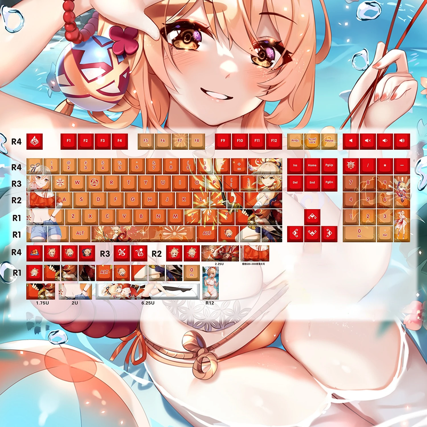 130keys/Set Genshin Impact Yoimiya Game Theme Style PBT CHERRY Keycaps for MX Switch Mechanical Keyboard Decorative Accessories