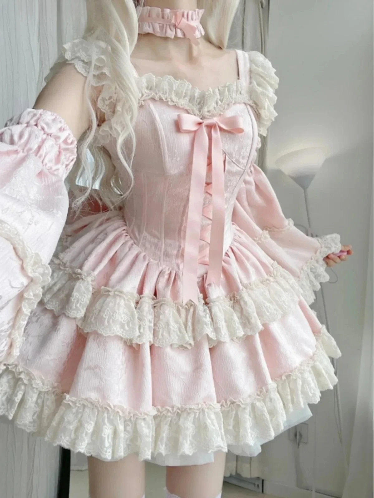 Lolita Süße Prinzessin Hohe Taille Spitze Y2k Kleid Sommer Rosa Süße Girly Rüschen Rand Party Puff Kurze Kleider und Ärmel