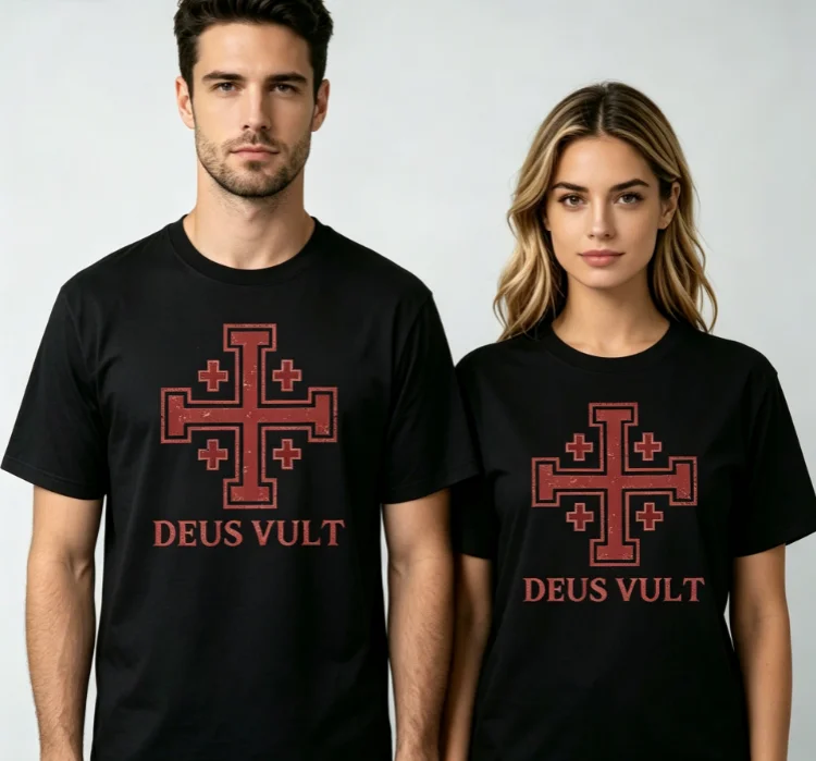 2026 New Neutral style black round-neck with Jerusalem cross retro distressed red patterned front print cotton fabric T-shirt