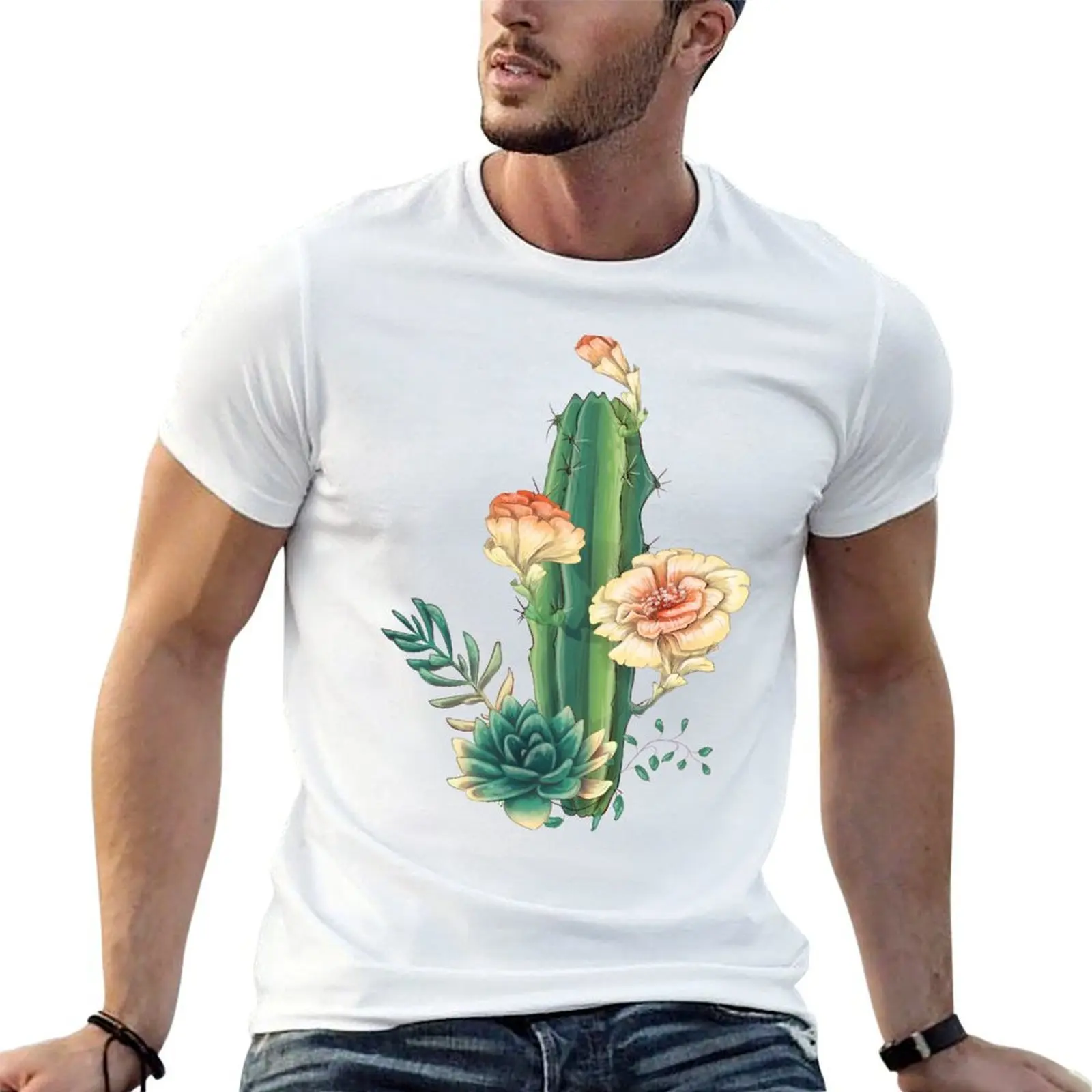 Cactus and Flowers Watercolor Realistic Drawing | Flower Lovers Gift T-Shirt Blouse anime shirt mens plain t shirts