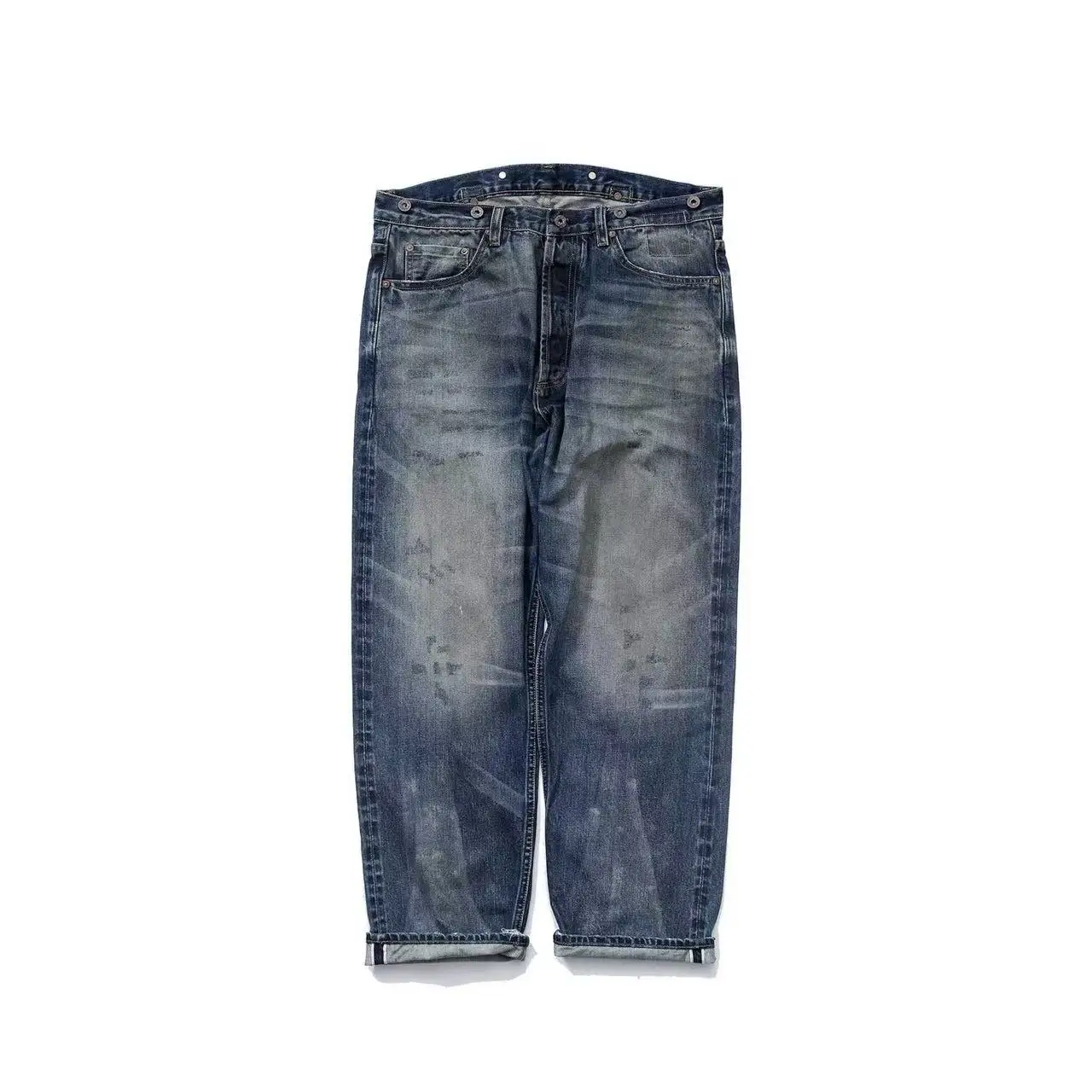 

Retro American Heavyweight Cotton Jeans Loose Fit Washed out Japanese Style Dirtied Long Pants Straight Leg Casual Jeans