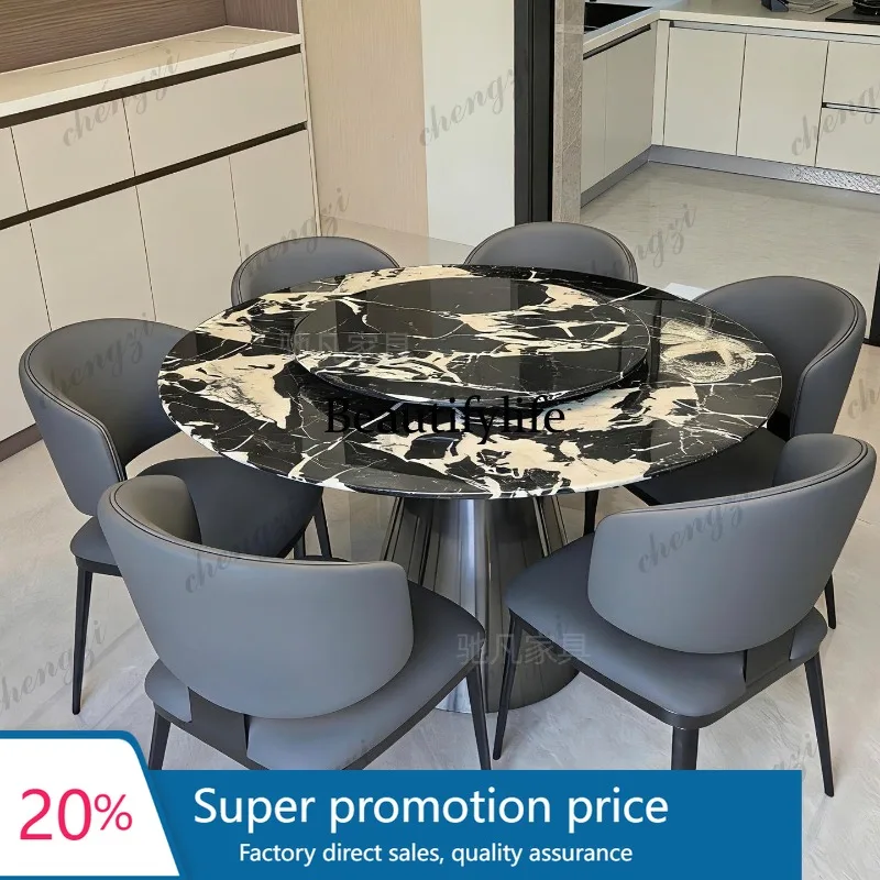 JJ Imported Natural Luxury Stone Dining Table Italian Minimalist Black Marble Round Dining Table With Turntable