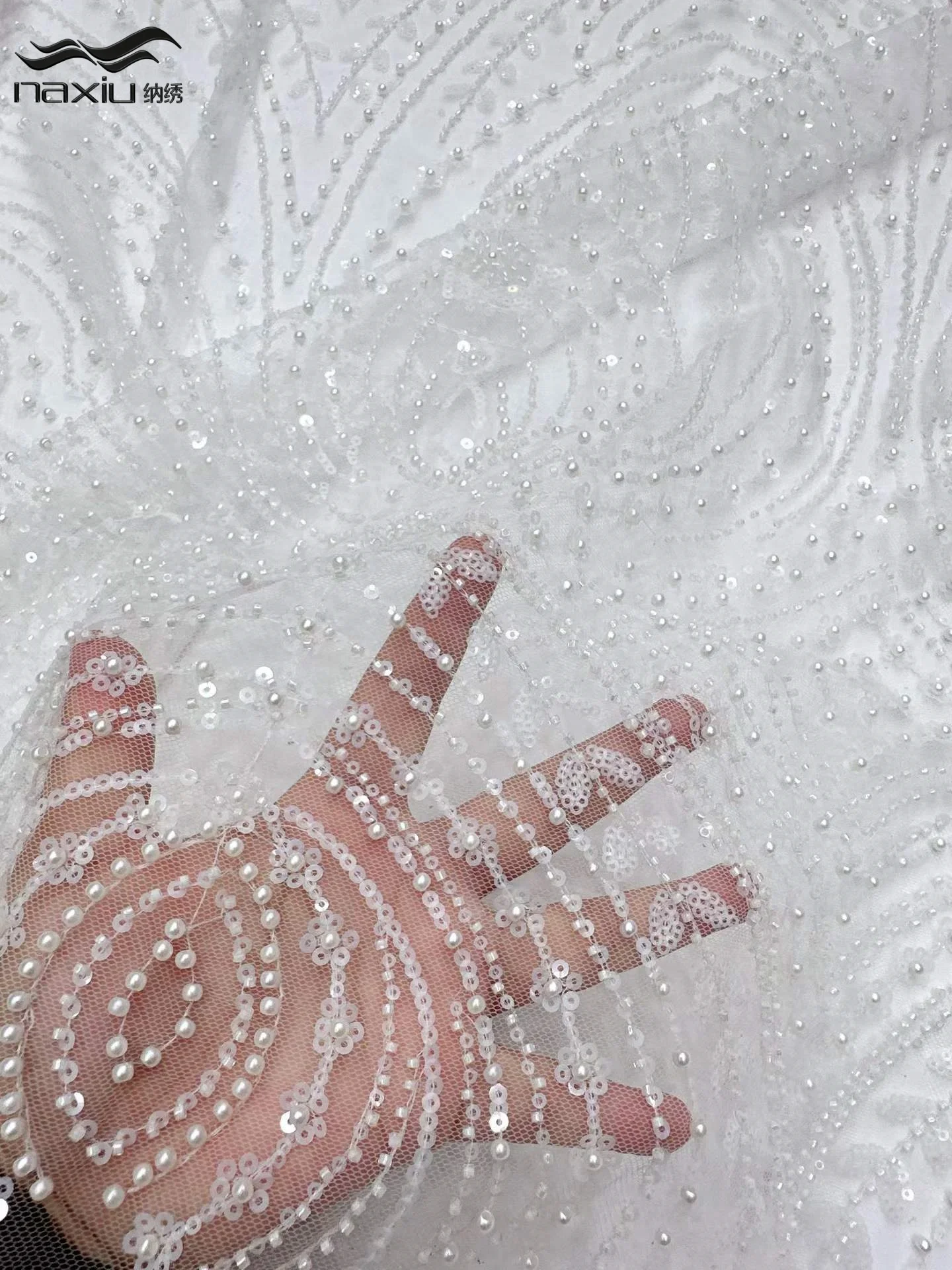 Madison White Hot Sale Top Quality Luxury Fashion Design Fabric Handmade Embroidery Net Lace Beads Sequins For Women Wedding