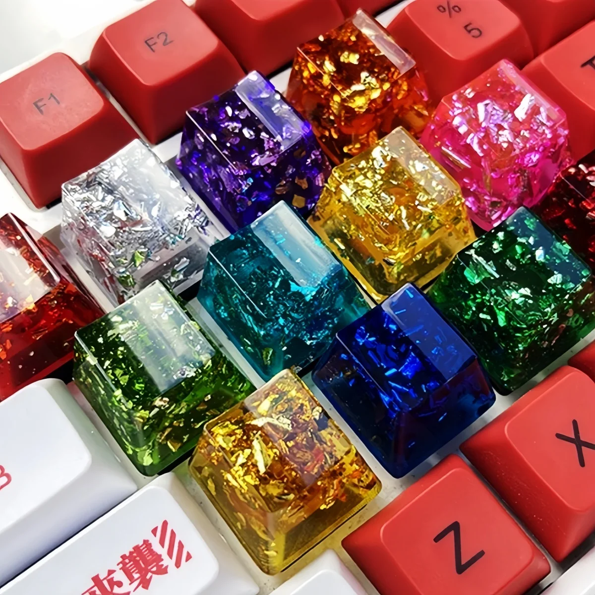 4PCS Resin R4 Keycap Set Handmade OEM Profile Transparent with Silver Foil for Gaming Keyboard MX Customized Personality Keycaps
