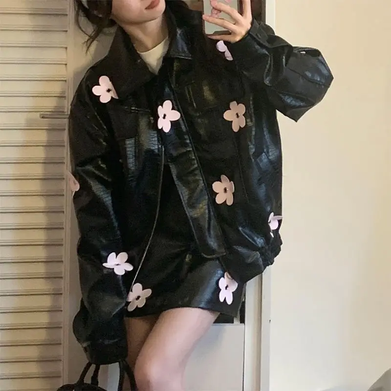 Sweet Women Turn Down Collar Mini Flowers Printed Faux Leather Jacket Black PU Motorcycle Coat Cardigan + A-Line Skirt 2pcs Set