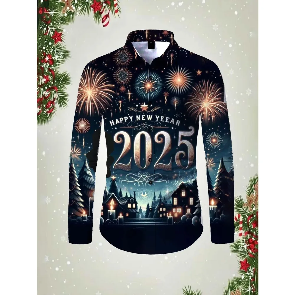 2025 Happy New Year Pattern 3D printed Men's long sleeved shirt top spring autumn new fashion casual unisex clothing Tops